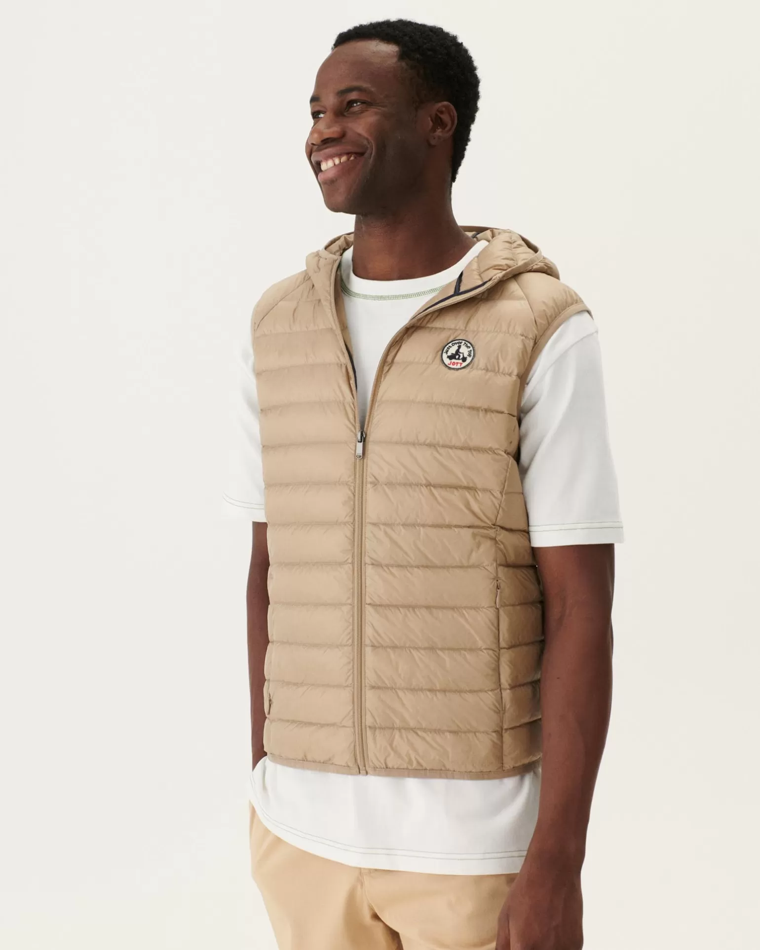 Men JOTT Beige Pat Hooded Sleeveless Down Jacket