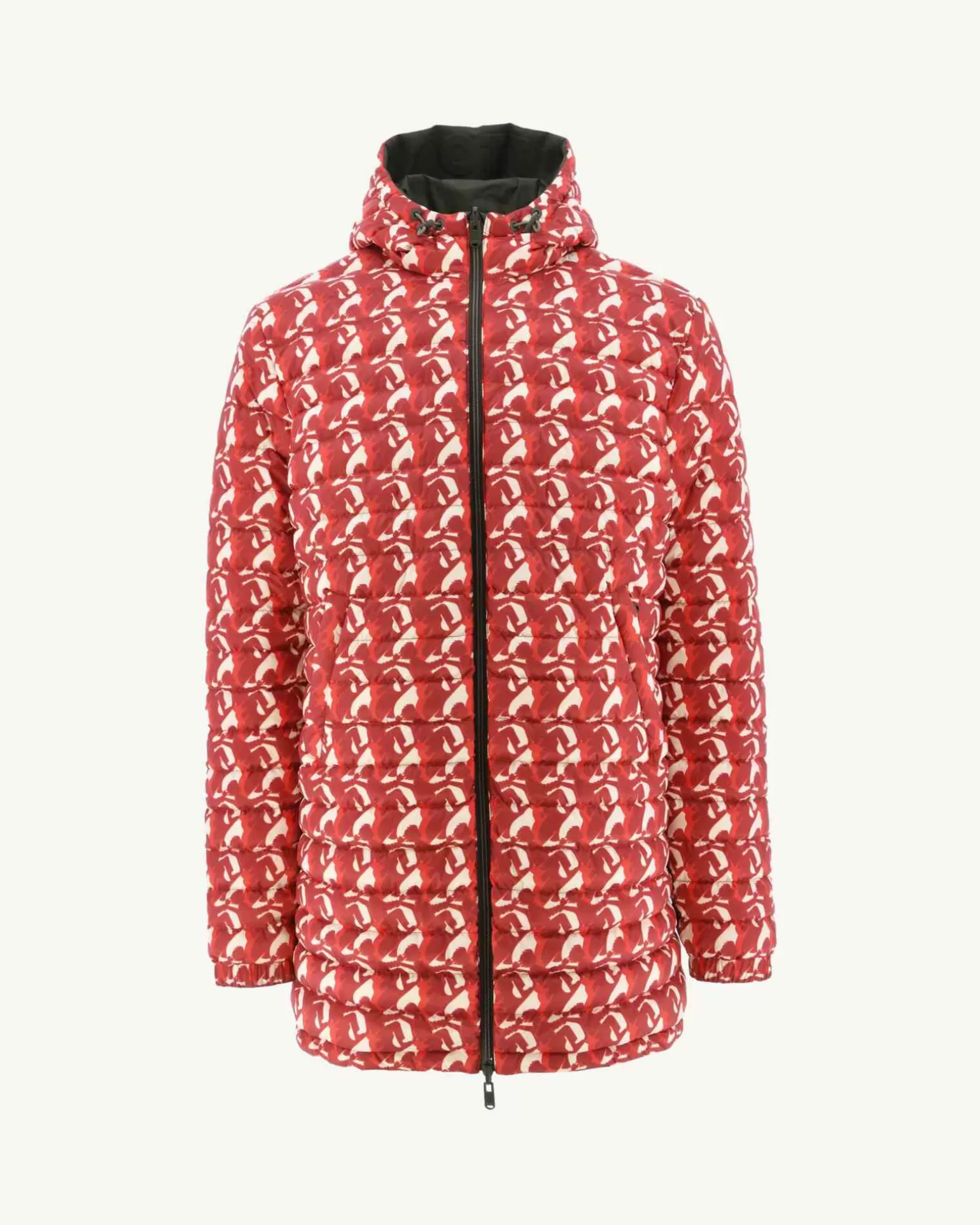 Men JOTT Long Reversible Hooded Down Jacket Army/Monogram Bright Red Amsterdam