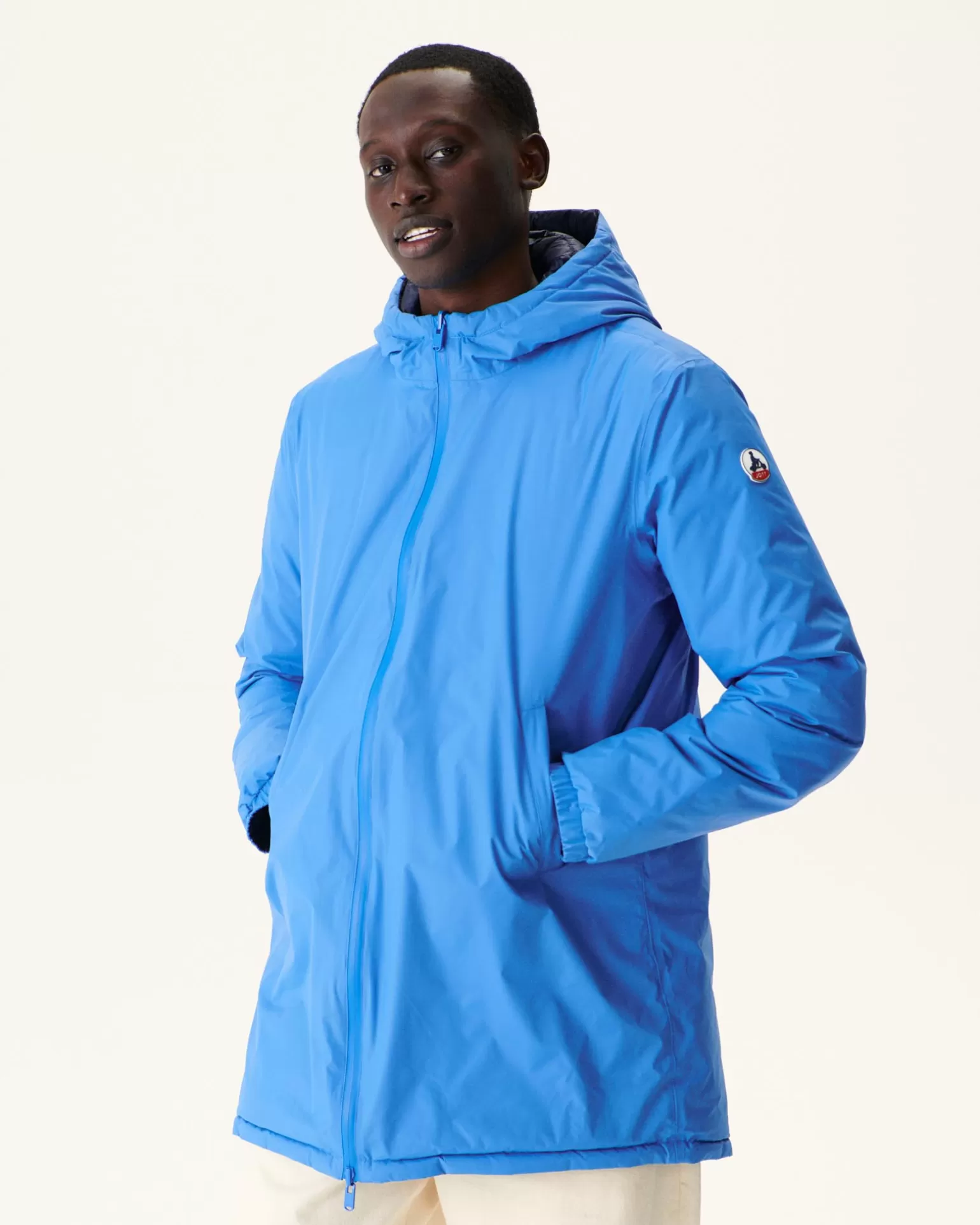 Men JOTT Long Reversible Hooded Down Jacket Azur/Marine Amsterdam