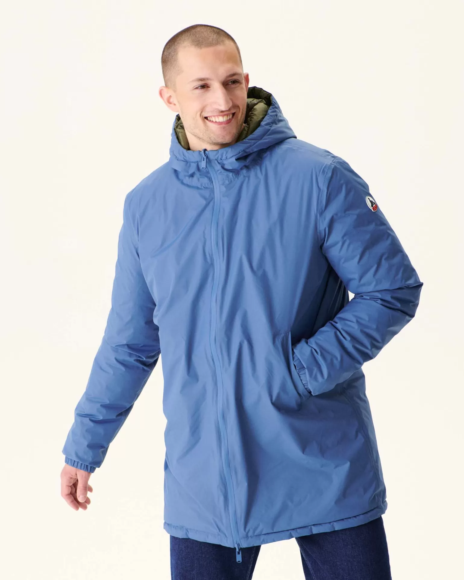 Men JOTT Long Reversible Hooded Puffer Jacket Denim Blue/Army Amsterdam