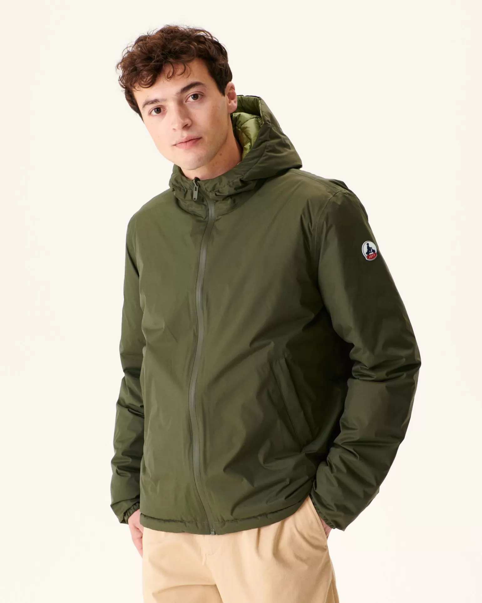 Men JOTT Reversible Hooded Down Jacket Army/Light Khaki Bergen