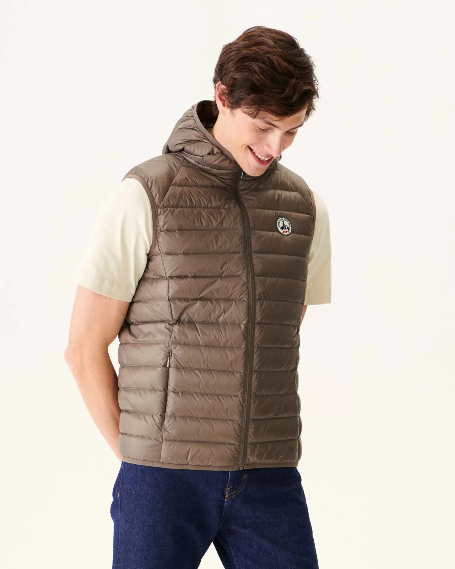 Men JOTT Taupe Pat Hooded Sleeveless Padded Jacket